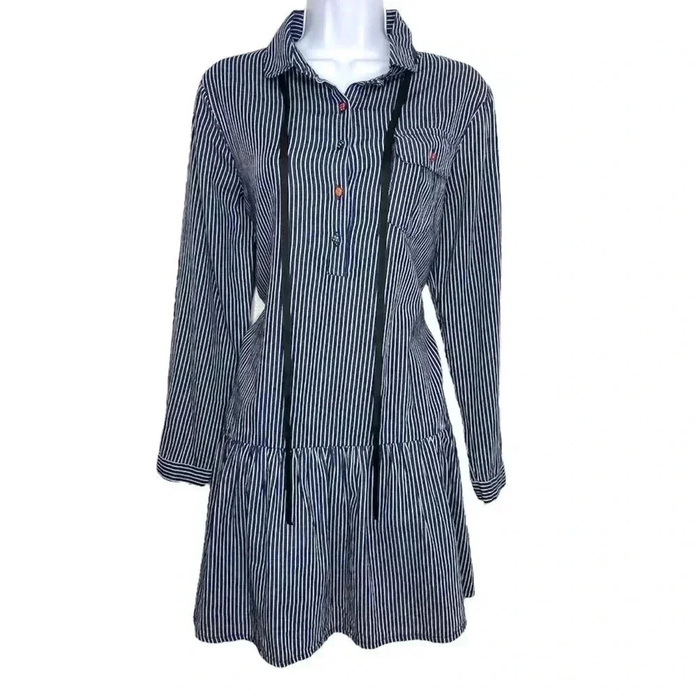 HWH Striped TieNeck Chambray Ruffle Shirt Dress